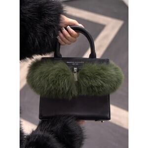 Brandon Blackwood Mya Green Faux Fur Trimmed Black Leather Crossbody Bag